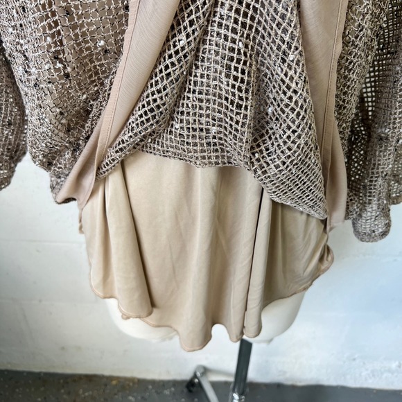 Alfred Dunner Women 1X Beige Beaded Mesh Layered Sheer Long Sleeve Top Blouse - Picture 6 of 6